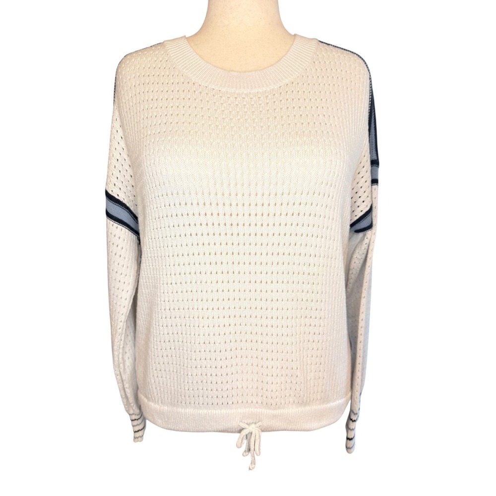 Lou & Grey Womens XL Cream Open Knit Cotton Sweater Blue Stripe Drawstring Hem